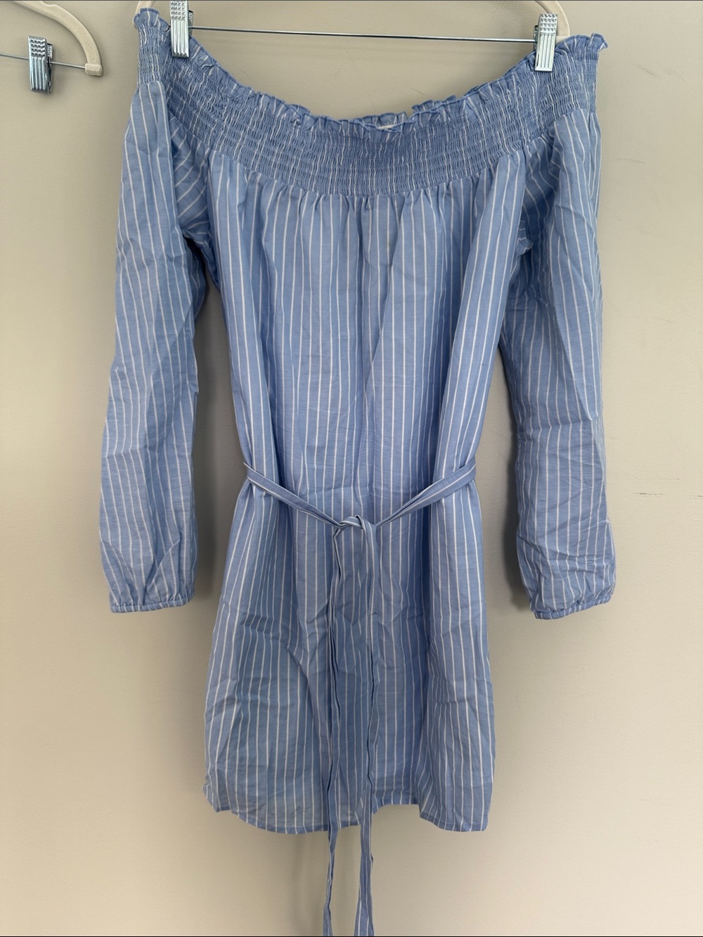 Women’s Blue Stripe Off-Shoulder Dress with Waist Tie